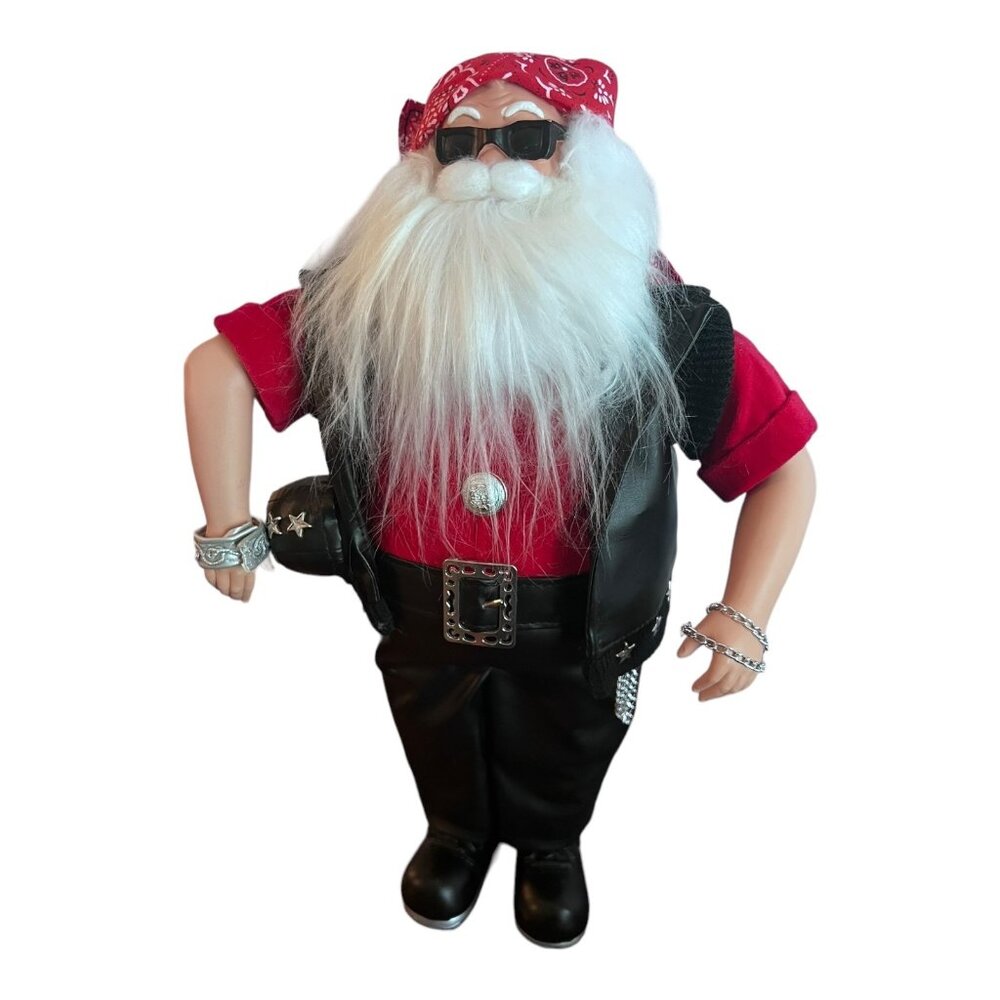 Biker Santa Christmas Figure 16” With Sunglasses & Bandana Holiday Decor